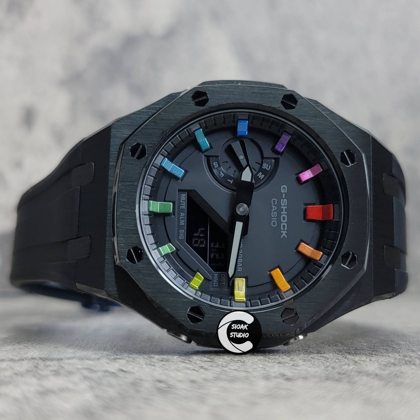 Casioak Mod Watch Black Case Black Rubber Strap Black  Rainbow Time Mark Black Dial 44mm - Casioak Studio