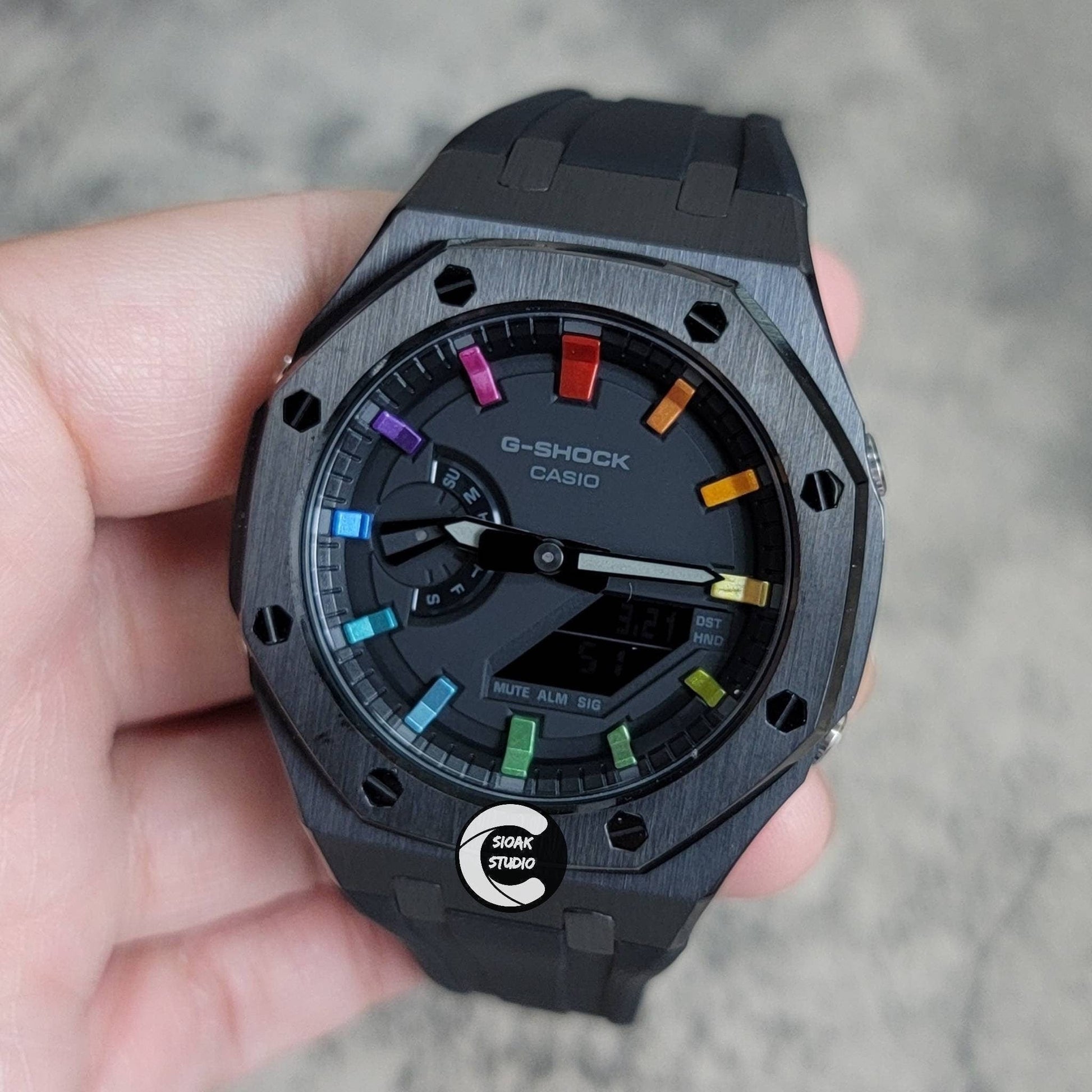 Casioak Mod Watch Black Case Black Rubber Strap Black  Rainbow Time Mark Black Dial 44mm - Casioak Studio