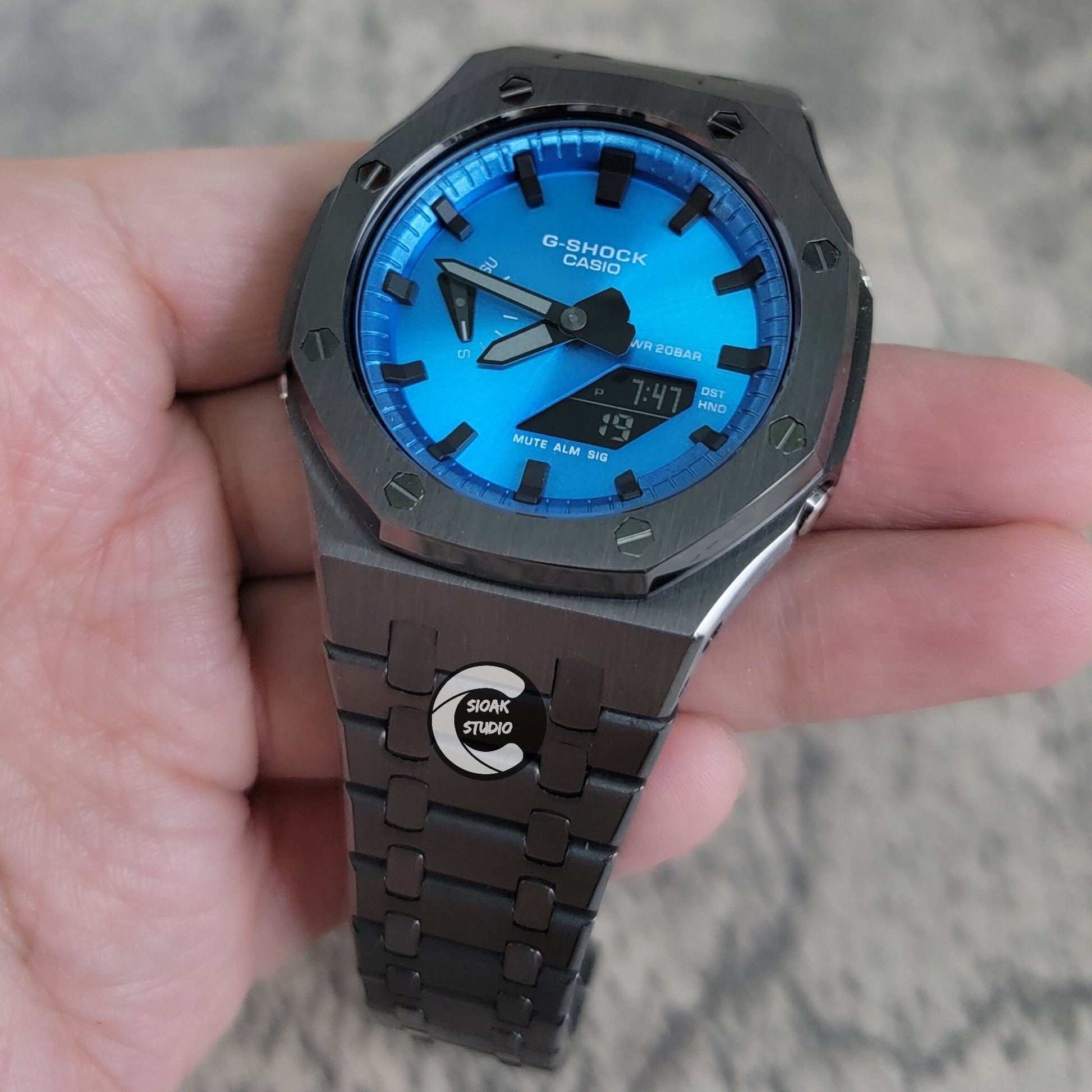 Casioak Mod Watch Grey Case Metal Strap Blue Black Time Mark Metallic Blue Dial 44mm - Casioak Studio