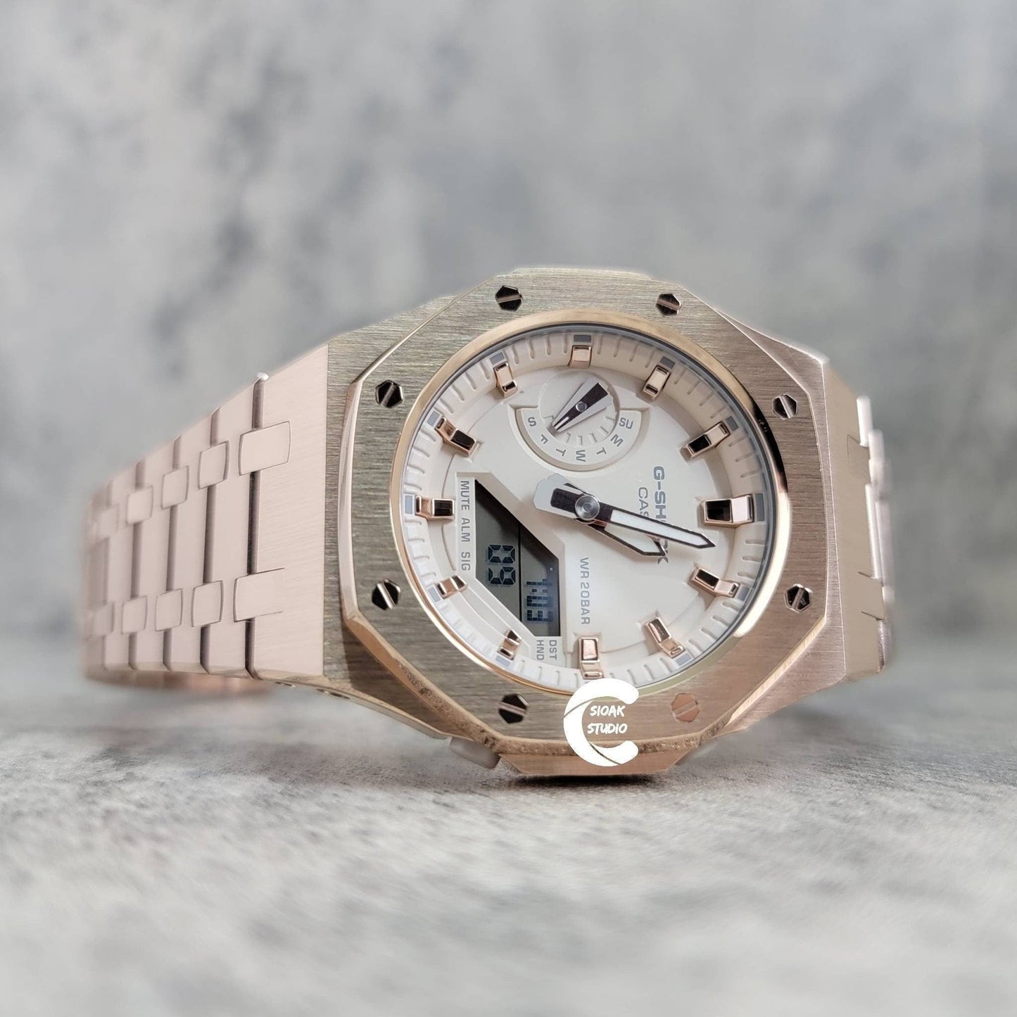 Casioak Mod Watch Rose Gold Case Metal Strap Beige Rose Gold Time Mark Beige Dial 42mm - Casioak Studio