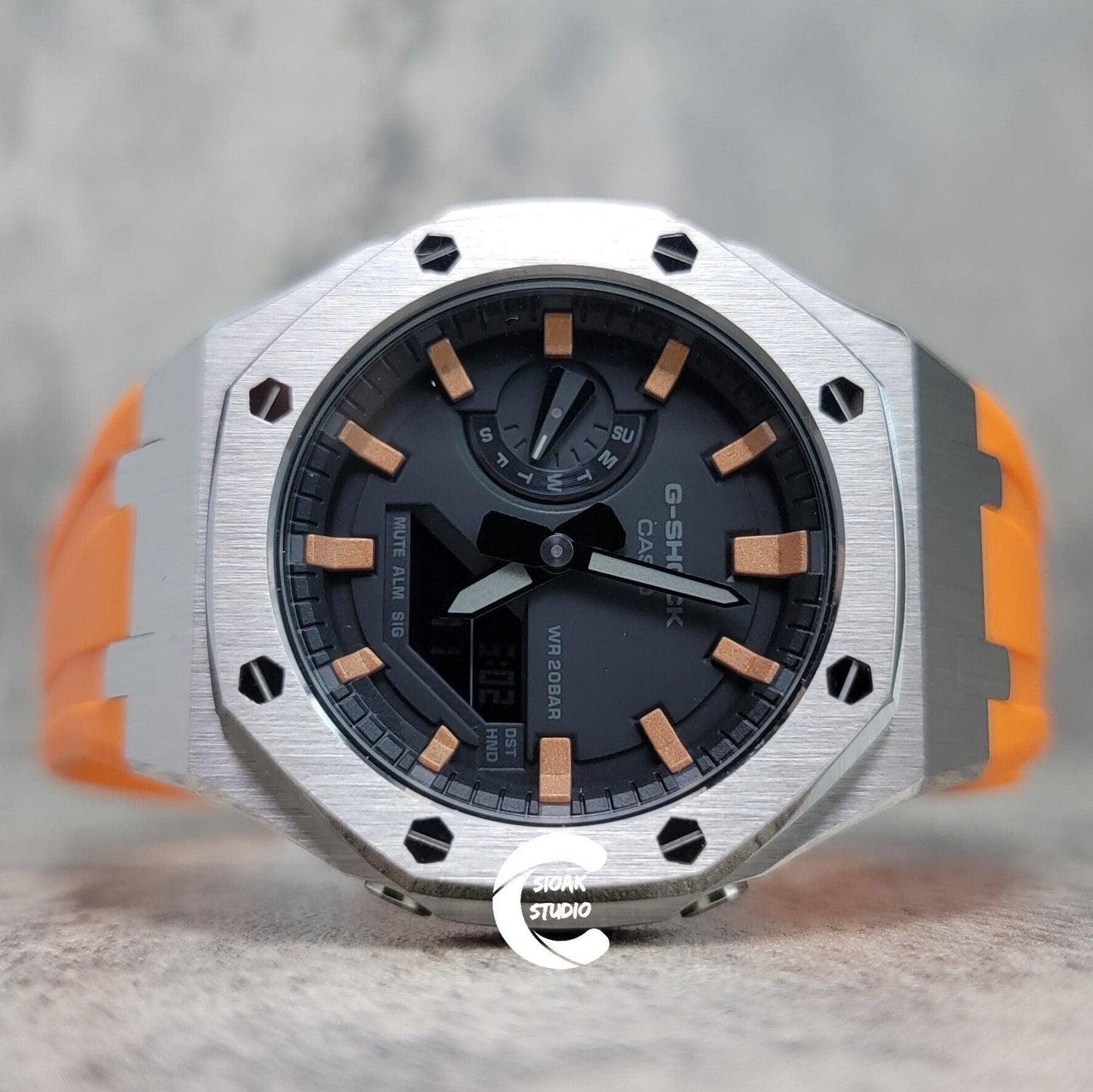 Casioak Mod Watch Silver Case Orange Rubber Strap Black  Rose Gold Time Mark Black Dial 44mm - Casioak Studio