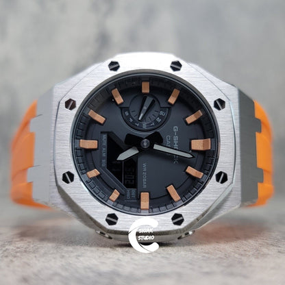 Casioak Mod Watch Silver Case Orange Rubber Strap Black  Rose Gold Time Mark Black Dial 44mm - Casioak Studio