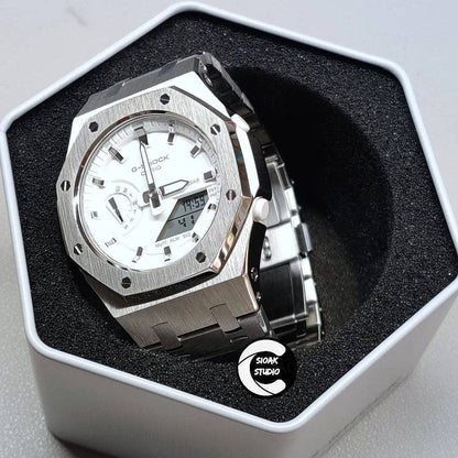 Casioak Mod Watch Silver Case Metal Strap White Silver Time Mark White Dial 42mm - Casioak Studio