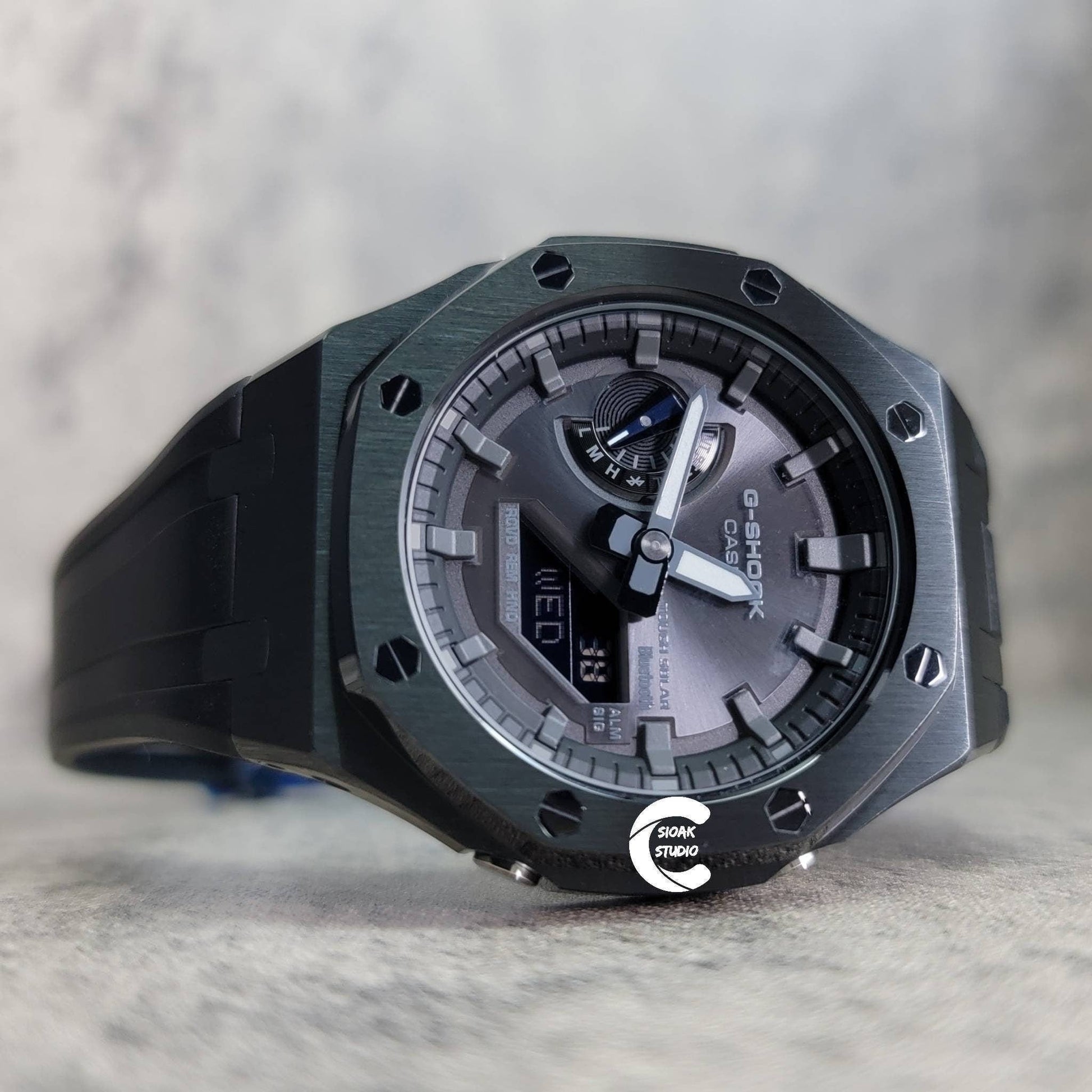 Casioak Mod Watch Solar Bluetooth Black Case Black Rubber Strap Black Gray Time Mark Black Gray Dial 44mm - Casioak Studio