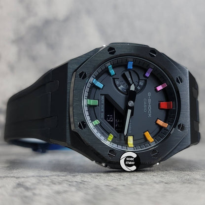 Casioak Mod Watch Black Case Black Rubber Strap Black  Rainbow Time Mark Black Dial 44mm - Casioak Studio