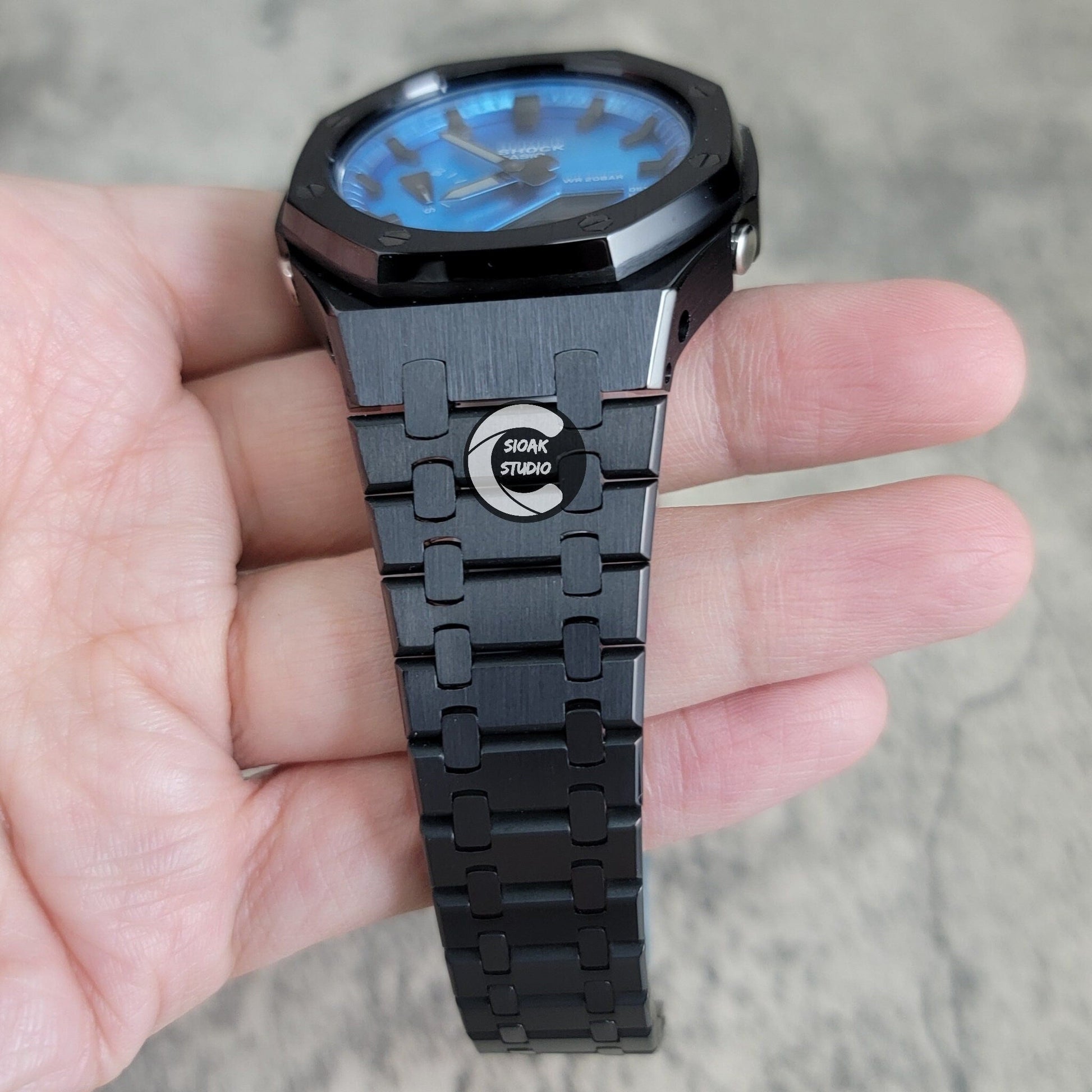 Casioak Mod Watch Black Case Metal Strap Blue Black Time Mark Metallic Blue Dial 44mm - Casioak Studio