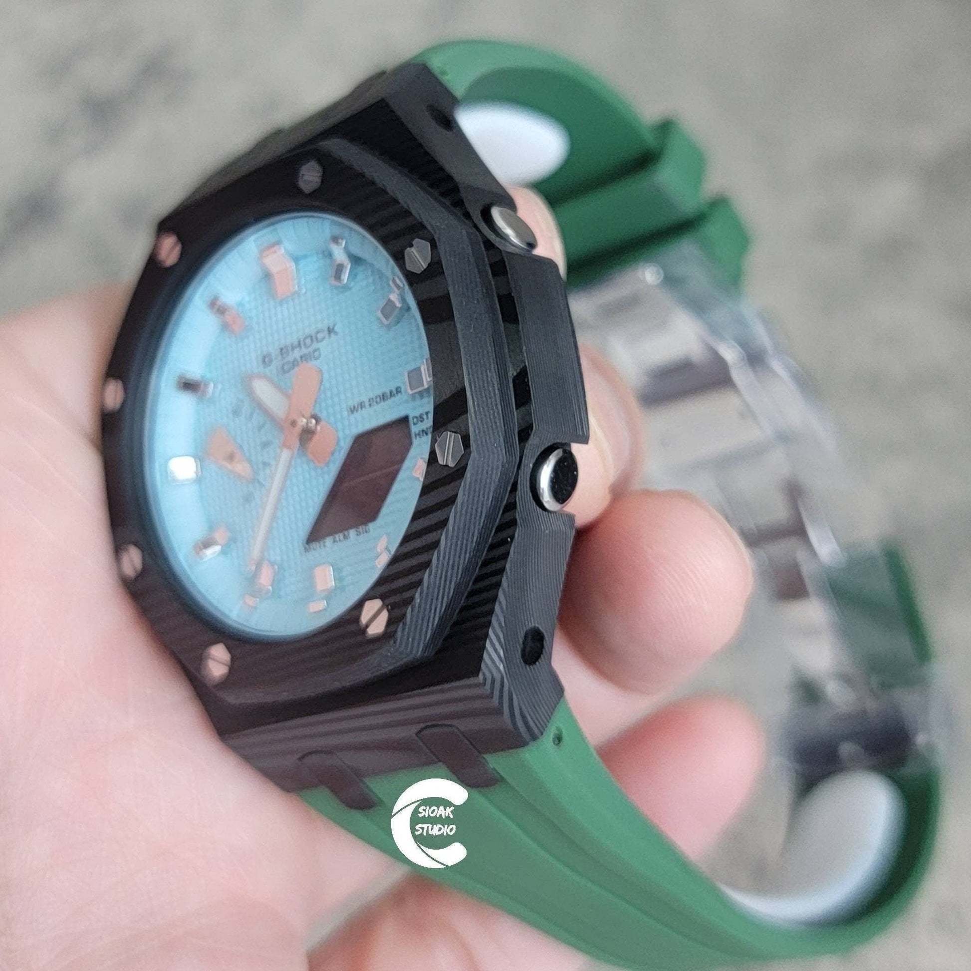 Casioak Mod Watch Carbon Fiber Black Case Green Strap Tiffany Silver Time Mark Tiffany Dial 44mm - Casioak Studio