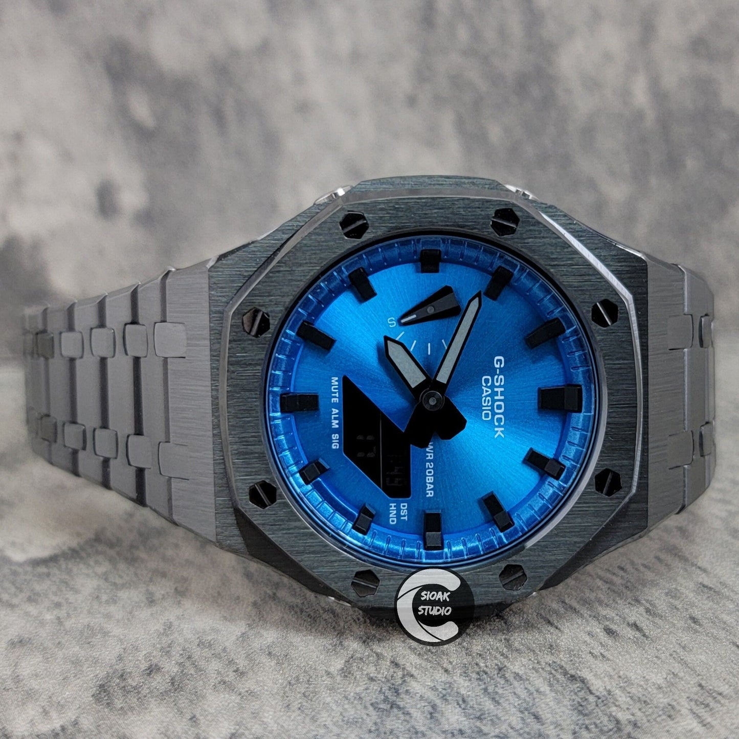 Casioak Mod Watch Grey Case Metal Strap Blue Black Time Mark Metallic Blue Dial 44mm - Casioak Studio