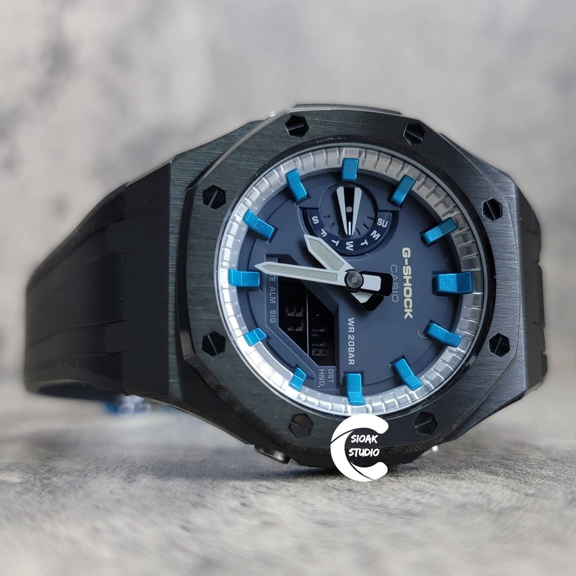 Casioak Mod Watch Black Case Black Rubber Strap Silver Blue Time Mark Blue Dial 44mm - Casioak Studio