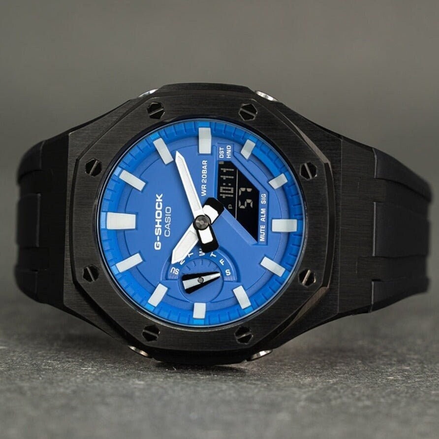 Casioak Mod Watch Black Case Black Rubber Strap Blue Time Mark Blue Dial 44mm - Casioak Studio