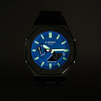 Casioak Mod Watch Black Case Black Rubber Strap Blue Time Mark Blue Dial 44mm - Casioak Studio