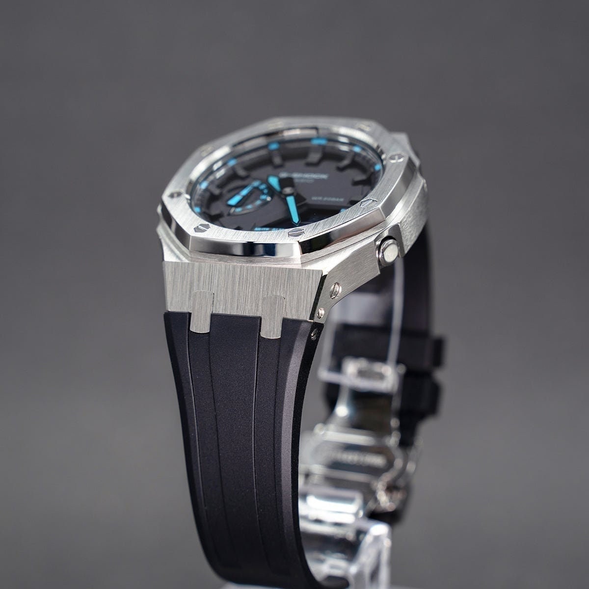 Casioak Mod Watch Silver Case Black Rubber Strap Black Time Mark Black Dial 44mm Blue - Casioak Studio