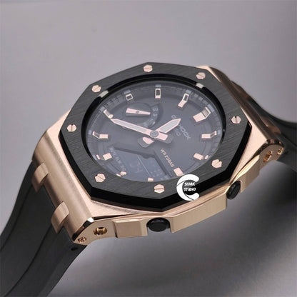 Casioak Mod Watch Offshore Superior Black Rose Gold Case Black Rubber Rubber Strap Black Rose Gold Time Mark Black Dial 42mm - Casioak Studio