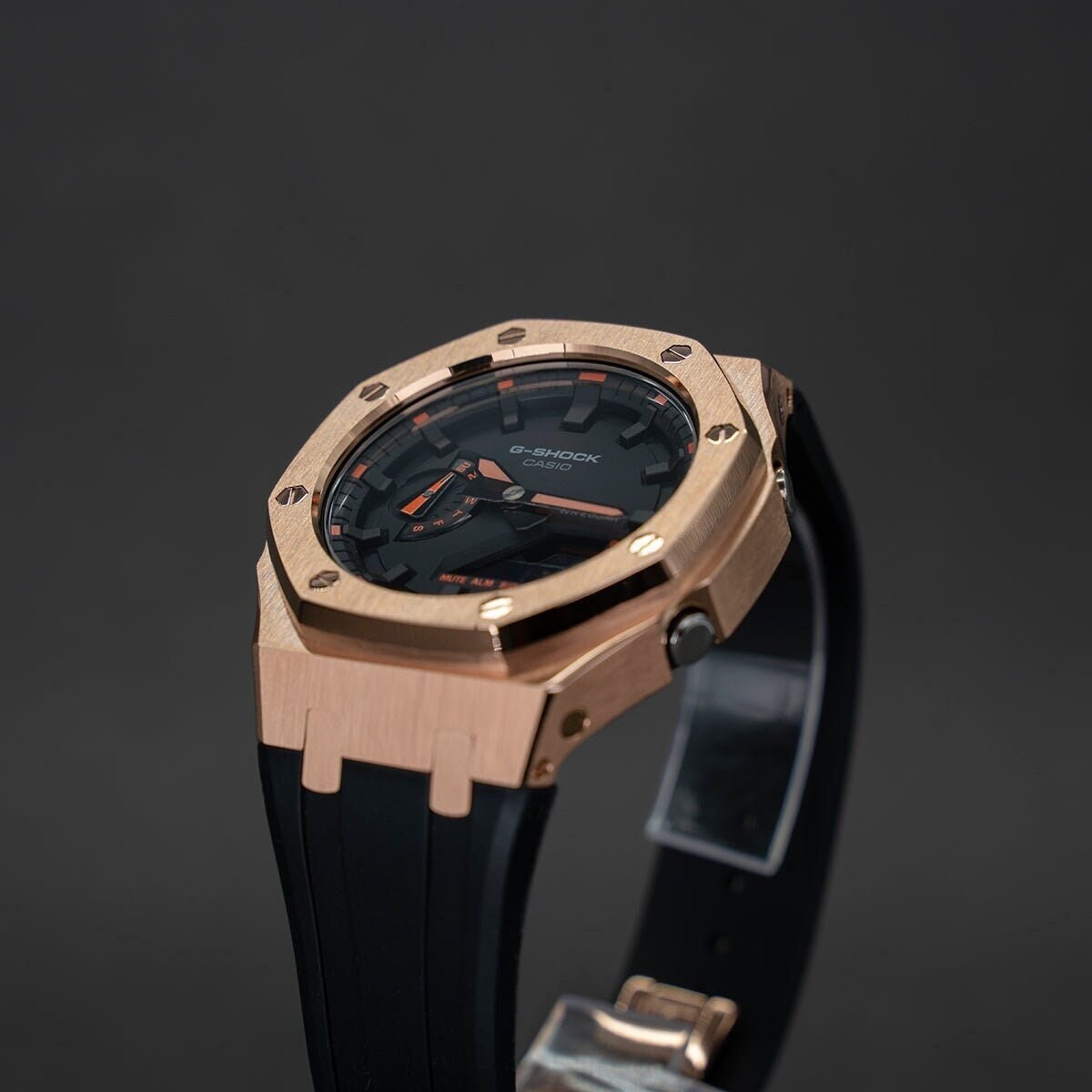 Casioak Mod Watch Rose Gold Case Black Rubber Strap Black Time Mark Balck Dial 44mm Orange - Casioak Studio