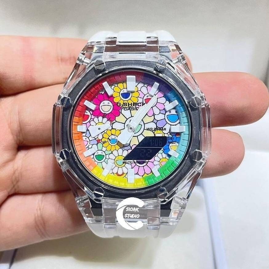 Casioak Mod Watch Transparent Case White Strap Rainbow White Time Mark Takashi Murakami Dial 44mm - Casioak Studio