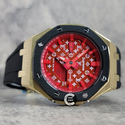 Casioak Mod Watch Black Gold Case Black Rubber Strap Red Time Mark Red Dial 44mm - Casioak Studio