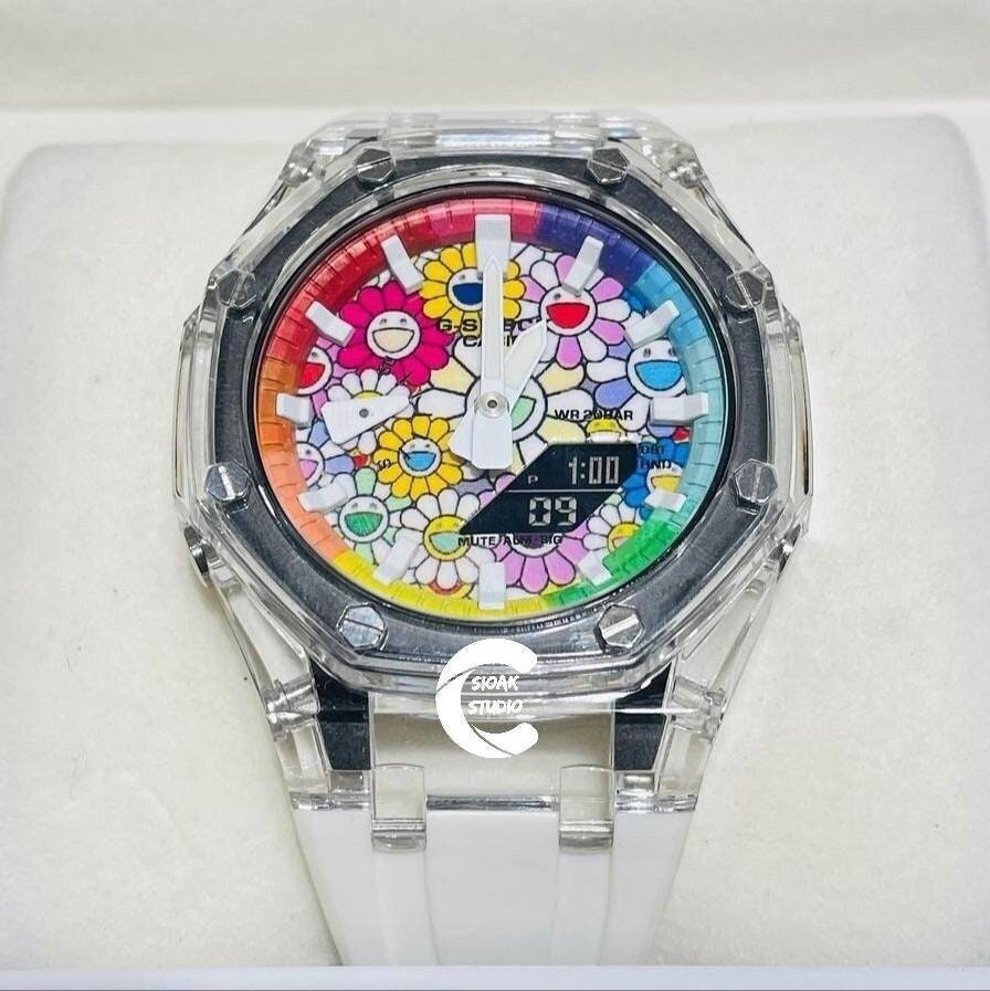 Casioak Mod Watch Transparent Case White Strap Rainbow White Time Mark Takashi Murakami Dial 44mm - Casioak Studio