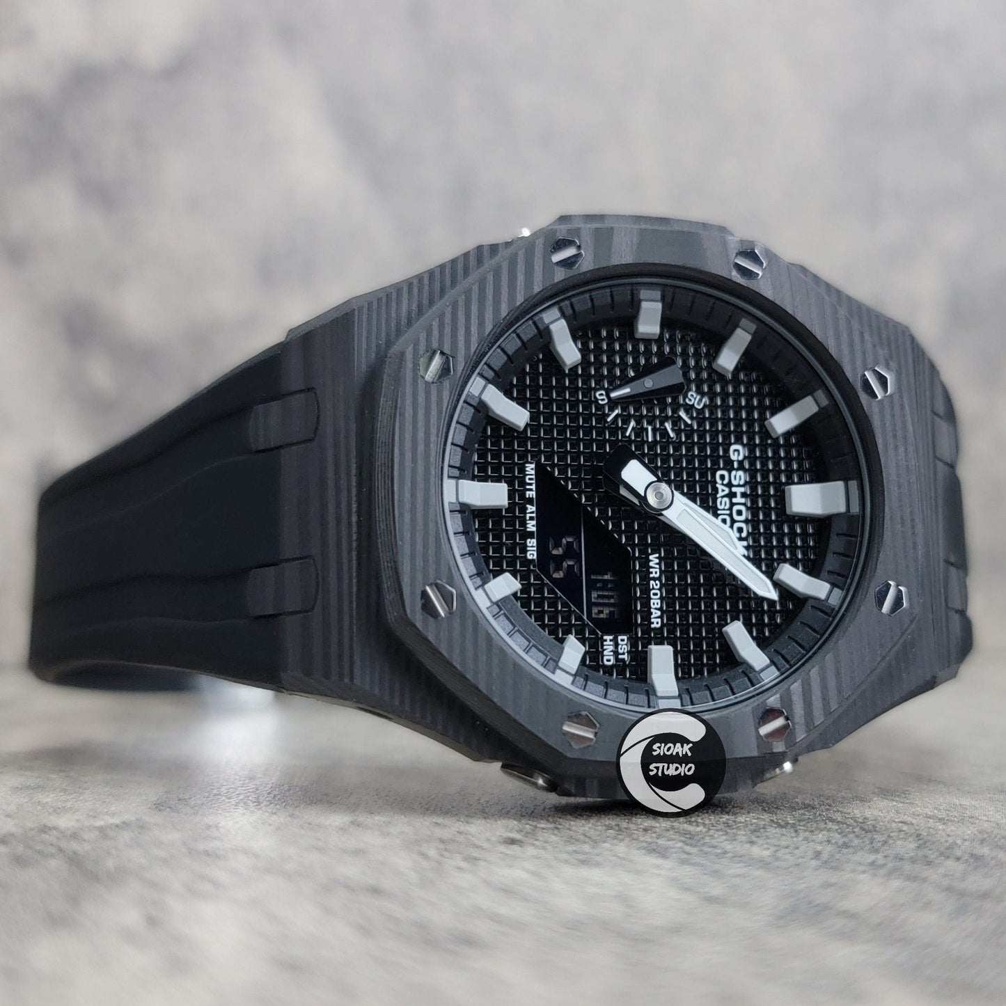 Casioak Mod Watch Carbon Fiber Black Case Black Strap Black Grey Time Mark Black Waffle Dial 44mm - Casioak Studio