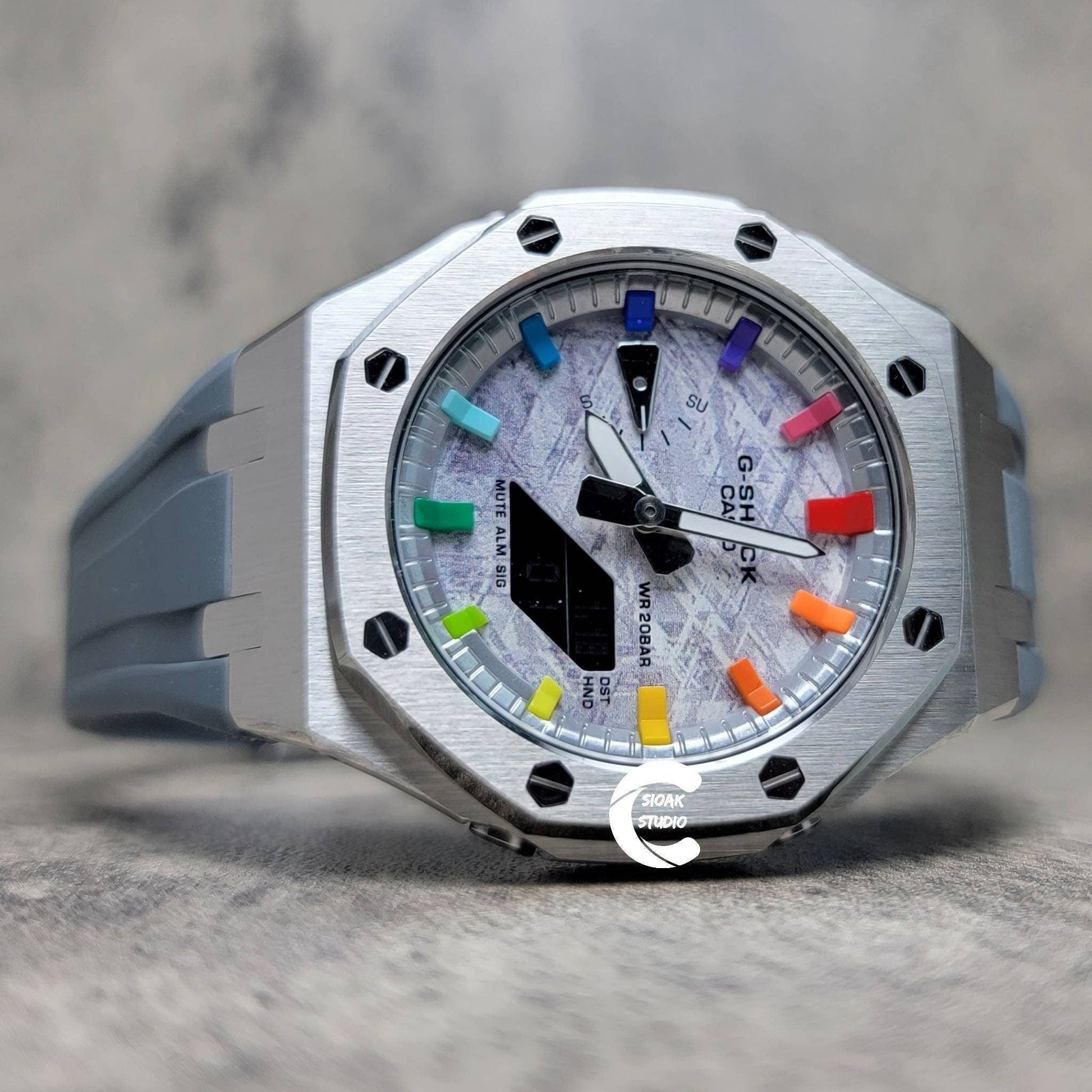 Casioak Mod Watch Silver Case Gray Rubber Strap Silver Rainbow Time Mark Meteorite Dial 44mm - Casioak Studio