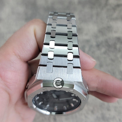 Casioak Mod Watch Silver Case Metal Strap Black Silver Time Mark Black Dial 44mm - Casioak Studio