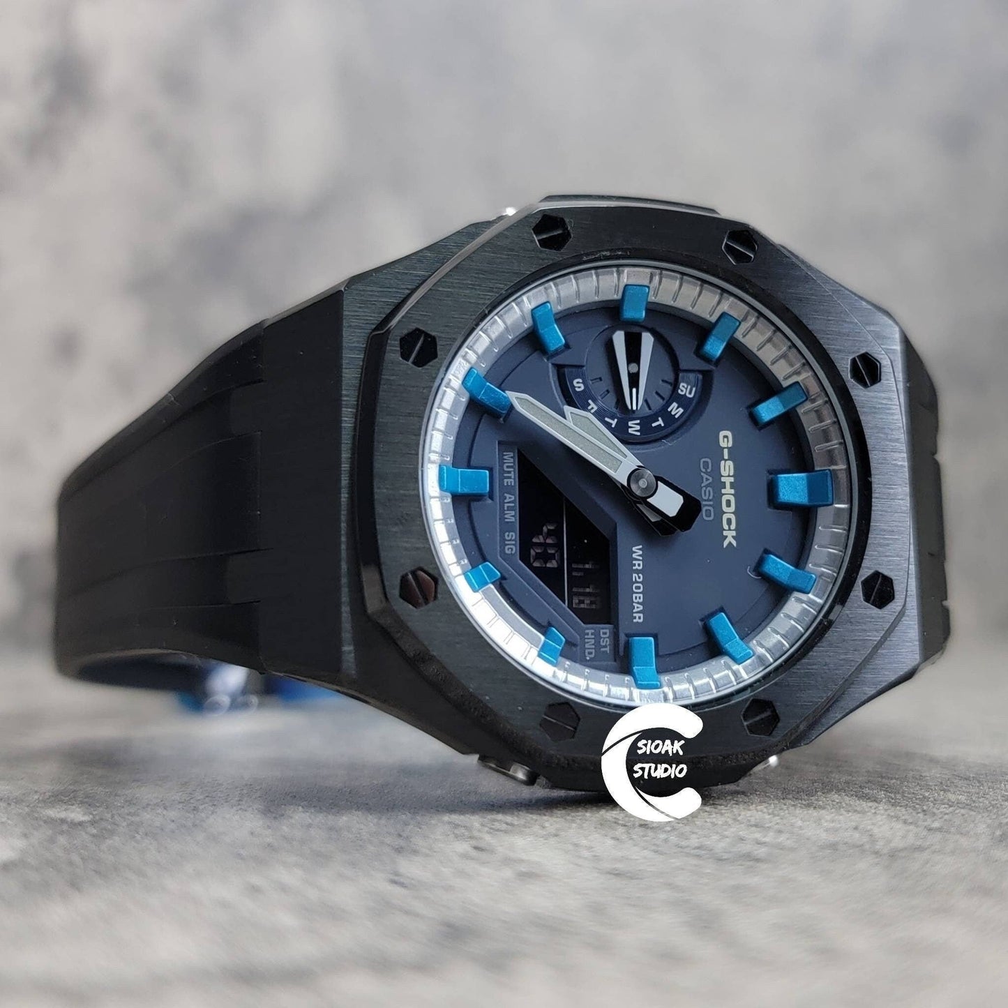 Casioak Mod Watch Black Case Black Rubber Strap Silver Blue Time Mark Blue Dial 44mm - Casioak Studio