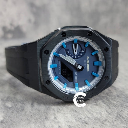 Casioak Mod Watch Black Case Black Rubber Strap Silver Blue Time Mark Blue Dial 44mm - Casioak Studio