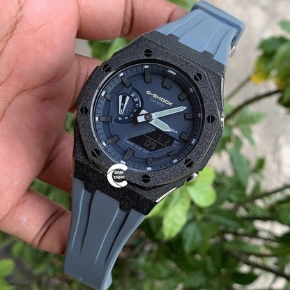 Casioak Mod Watch Frosted Black Case Gray Strap Blue Black Time Mark Blue Dial 44mm     Men - Casioak Studio