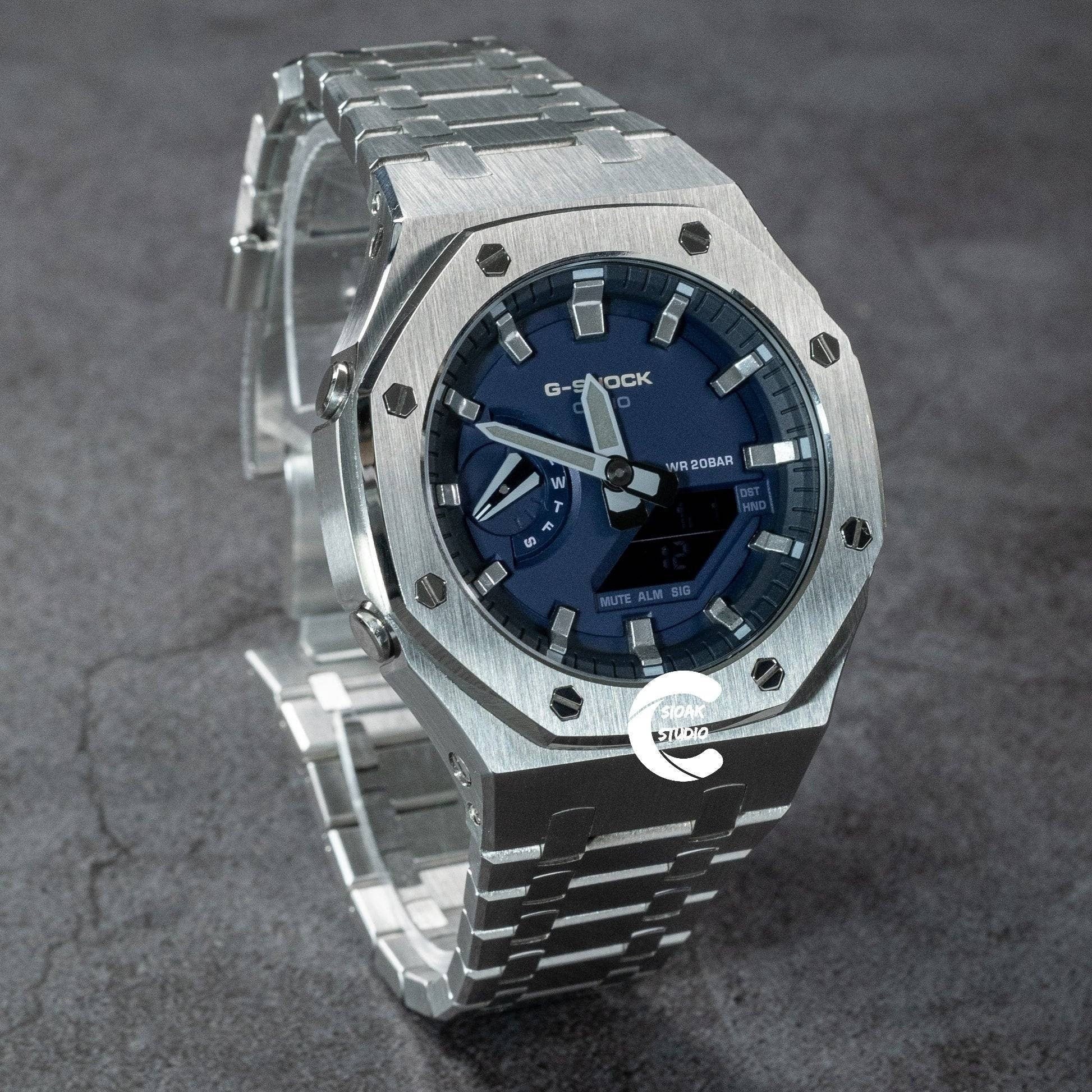 Casioak Mod Watch Silver Case Metal Strap Blue Silver Time Mark Blue Dial 44mm - Casioak Studio