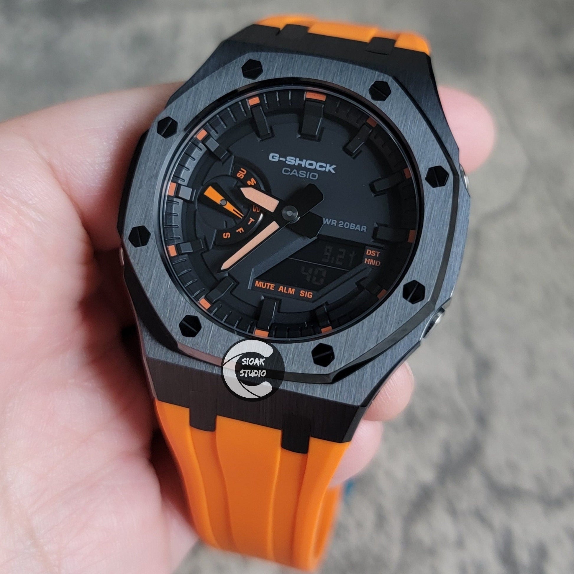 Casioak Mod Watch Black Case Orange Rubber Strap Black Orange Time Mark Black Dial 44mm - Casioak Studio