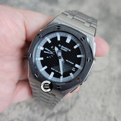 Casioak Mod Watch Offshore Superior Black Silver Case Metal Strap Gray White Time Mark Black Dial Waffle 44mm - Casioak Studio