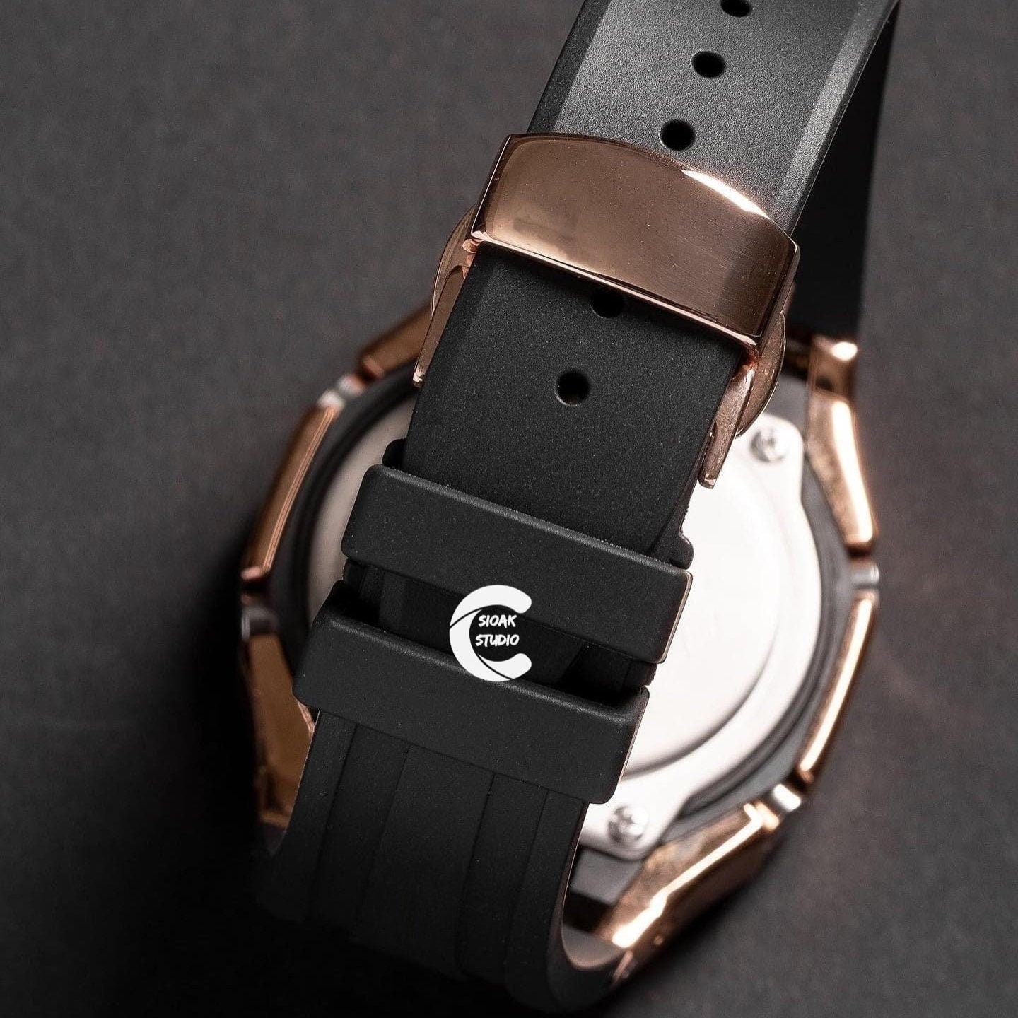 Casioak Mod Watch Black Rose Gold Case Black Rubber Strap Black Light Gray Time Mark Black Dial 44mm - Casioak Studio