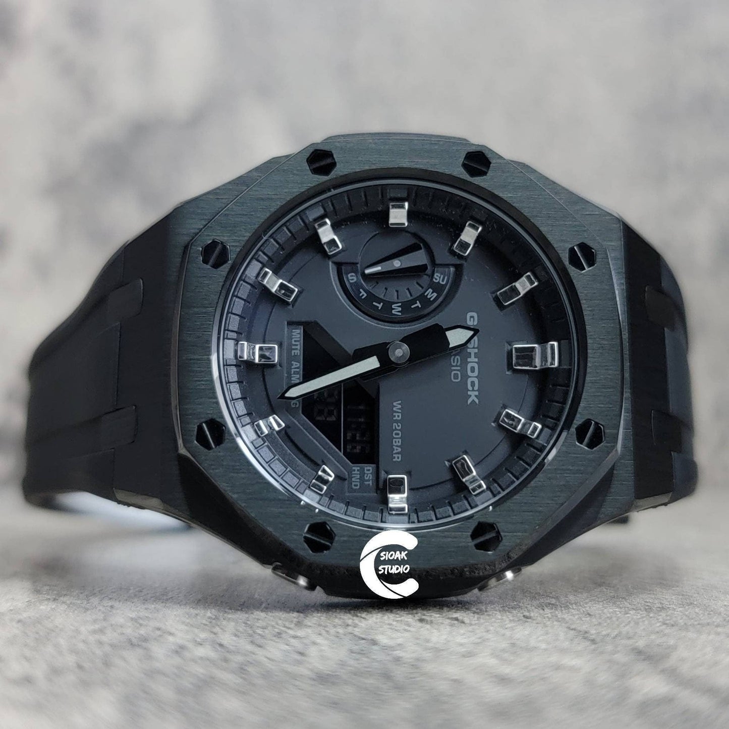 Casioak Mod Watch Black Case Black Rubber Strap Black Silver Time Mark Black Dial 44mm - Casioak Studio