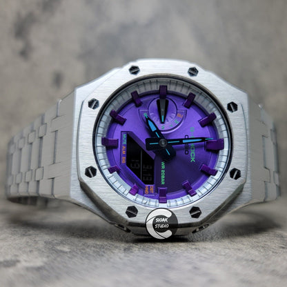 Casioak Mod Watch Silver Case Metal Strap Silver Purple Time Mark Purple Dial 44mm     Unique Special - Casioak Studio