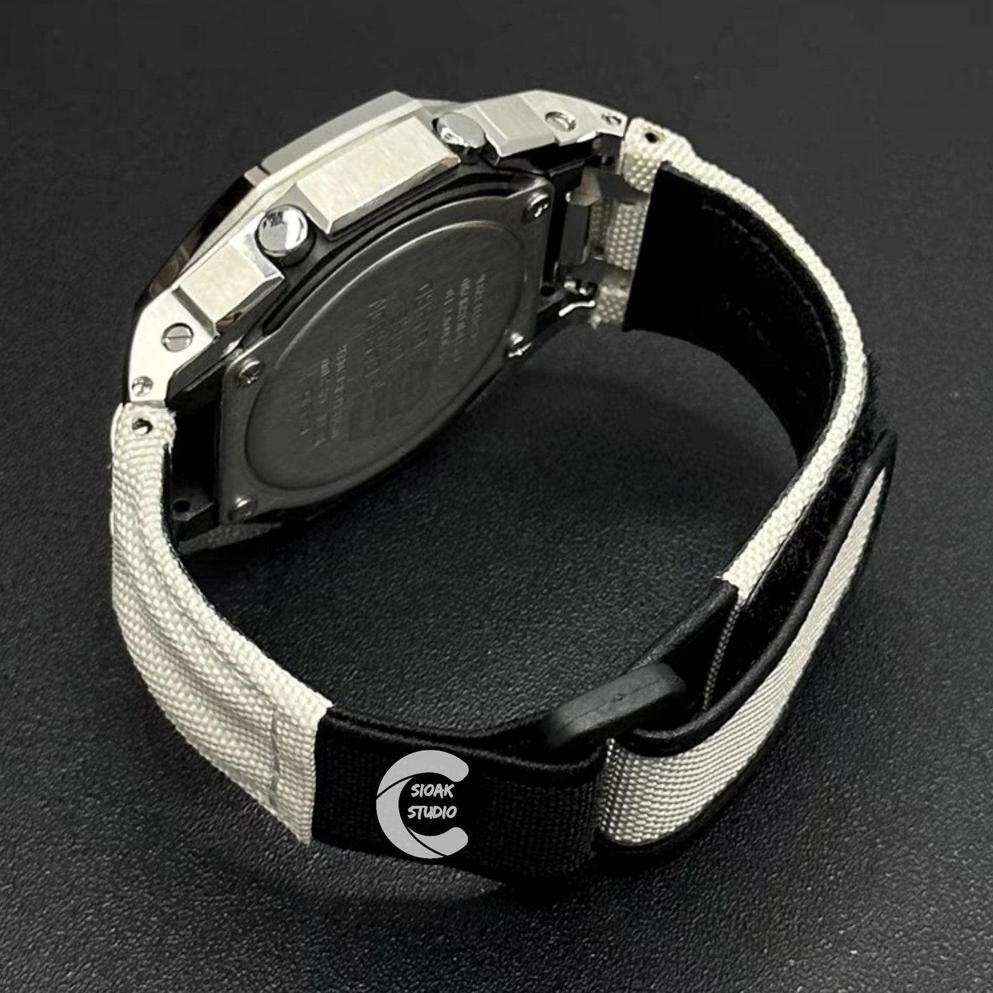 Casioak Mod Watch Offshore Superior Silver Case White Canvas Strap Black Time Mark Silver Dial 44mm - Casioak Studio