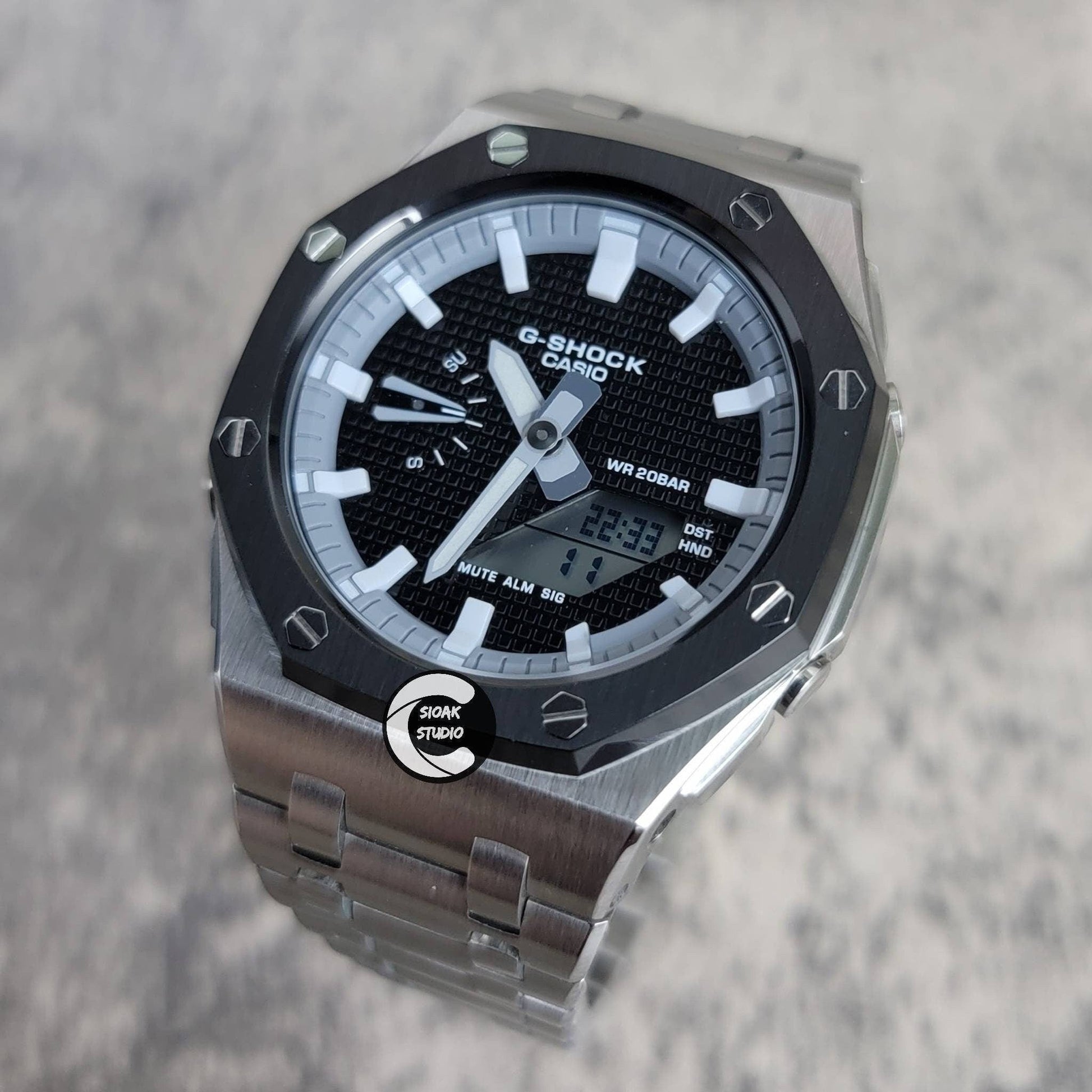 Casioak Mod Watch Offshore Superior Black Silver Case Metal Strap Gray White Time Mark Black Dial Waffle 44mm - Casioak Studio