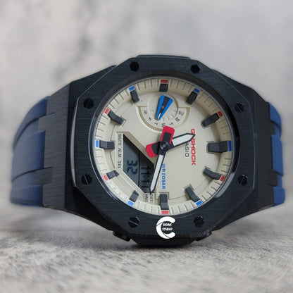 Casioak Mod Watch Black Case Blue Rubber Strap Beige Black Time Mark Beige Dial 42mm - Casioak Studio