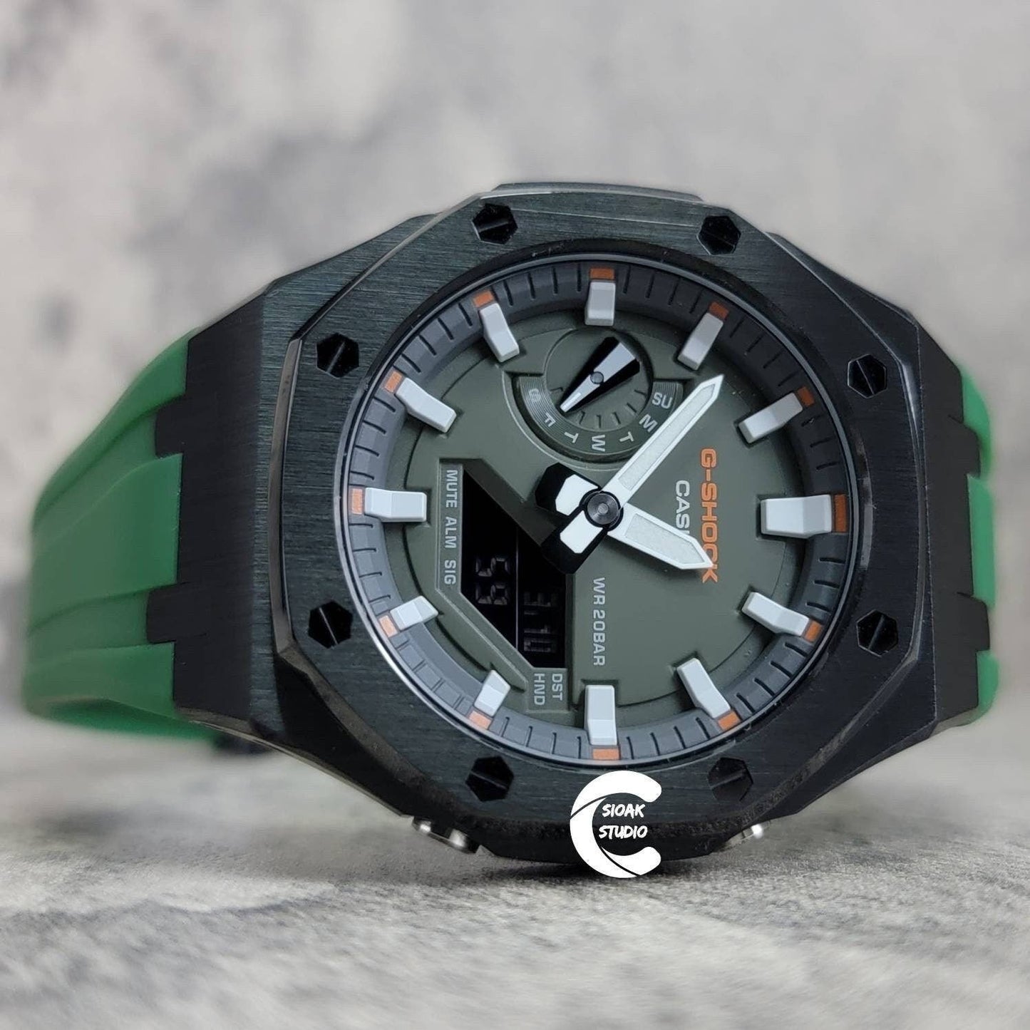 Casioak Mod Watch Black Case Green Rubber Strap Black White Time Mark Olive Dial 44mm - Casioak Studio