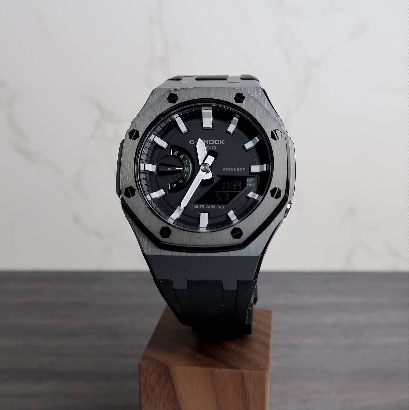 Casioak Mod Watch Black Case Black Rubber Strap Black Gray Time Mark Black Dial 44mm - Casioak Studio