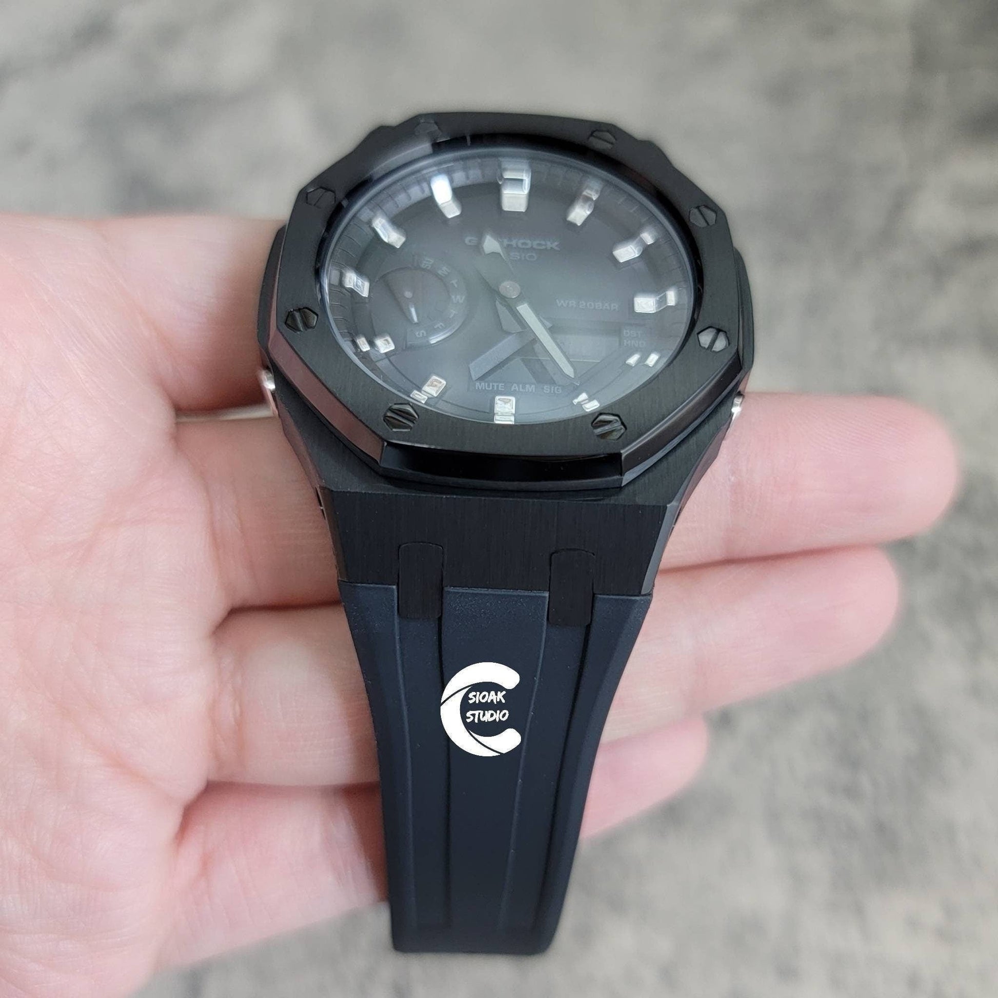 Casioak Mod Watch Black Case Black Rubber Strap Black Silver Time Mark Black Dial 44mm - Casioak Studio