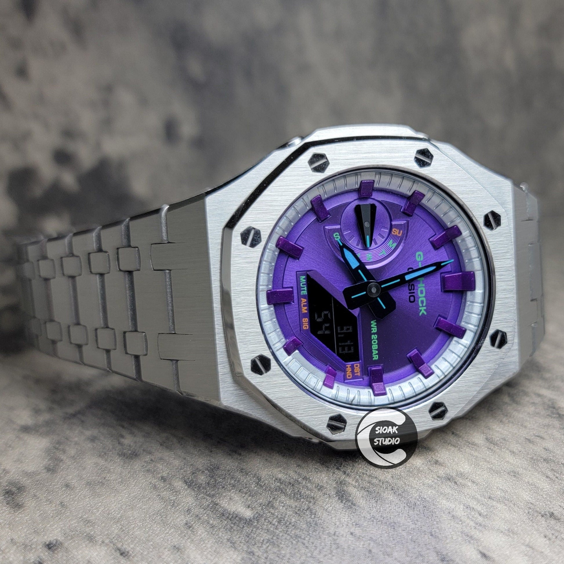 Casioak Mod Watch Silver Case Metal Strap Silver Purple Time Mark Purple Dial 44mm     Unique Special - Casioak Studio