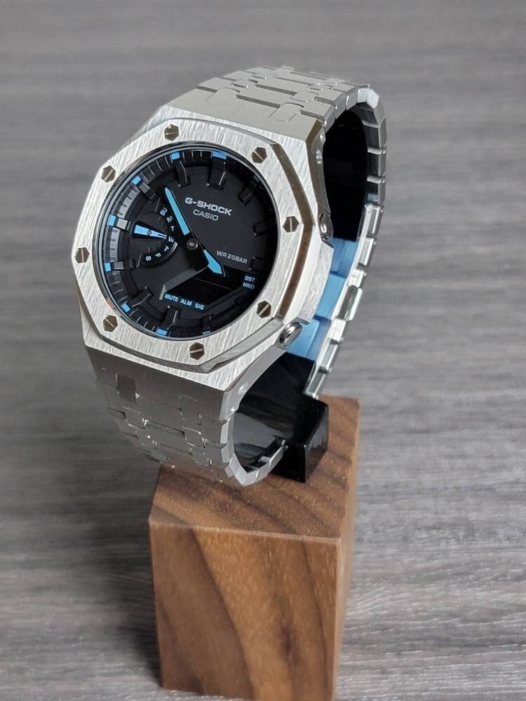 Casioak Mod Watch Silver Case Metal Strap Black Time Mark Black Dial 44mm Blue - Casioak Studio