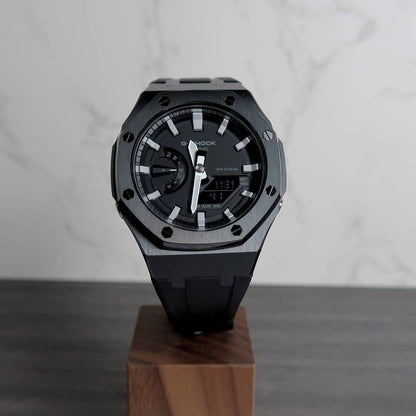 Casioak Mod Watch Black Case Black Rubber Strap Black Gray Time Mark Black Dial 44mm - Casioak Studio