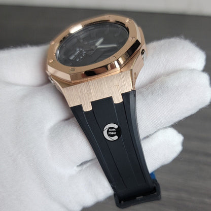 Casioak Mod Watch Rose Gold Case Black Rubber Strap Black Time Mark Black Dial 44mm - Casioak Studio