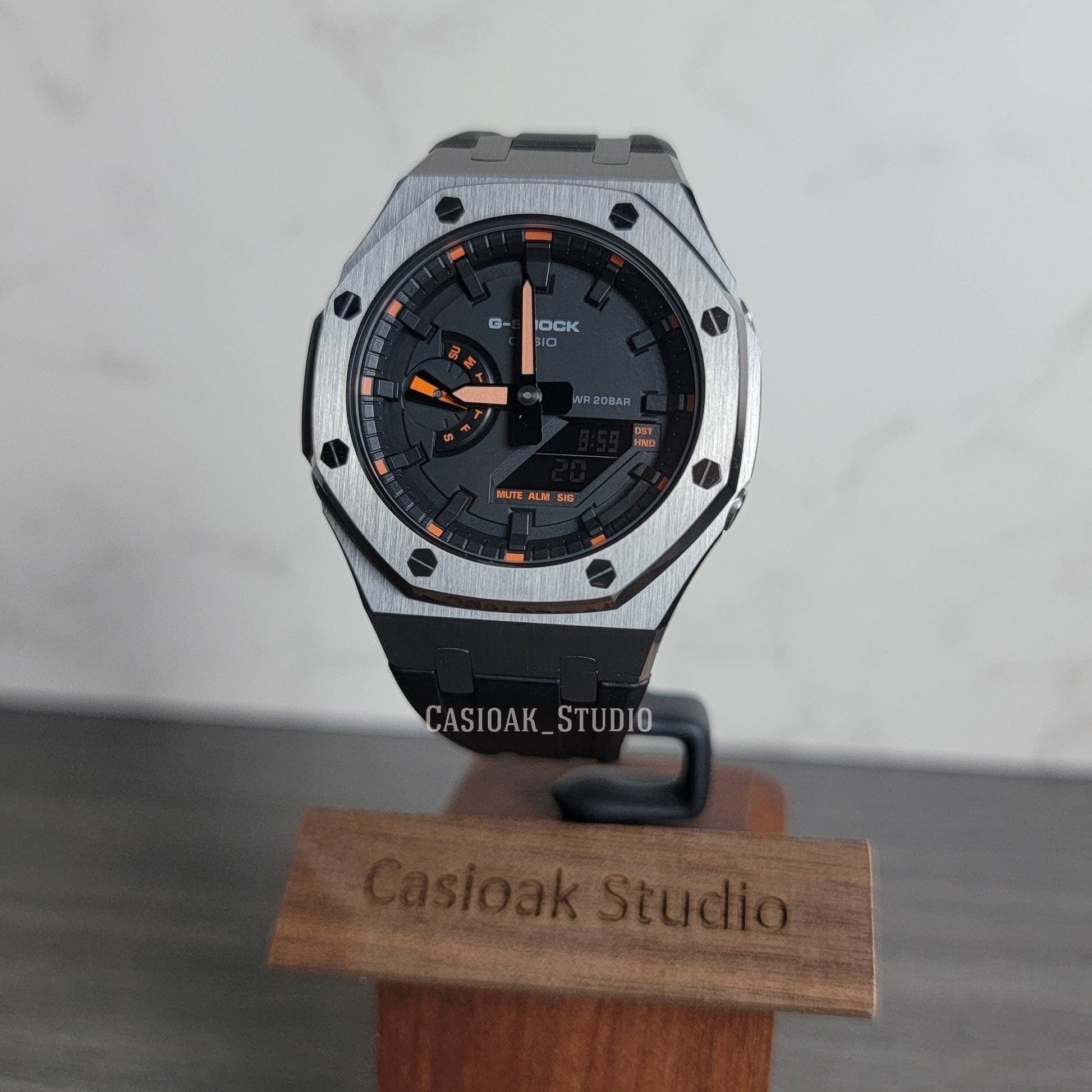 Casioak Mod Watch Gray Case Black Rubber Strap Black Time Mark Black Dial 44mm Orange - Casioak Studio