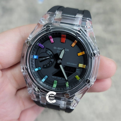 Casioak Mod Watch Transparent Case Black Strap Black  Rainbow Time Mark Black Dial 44mm - Casioak Studio