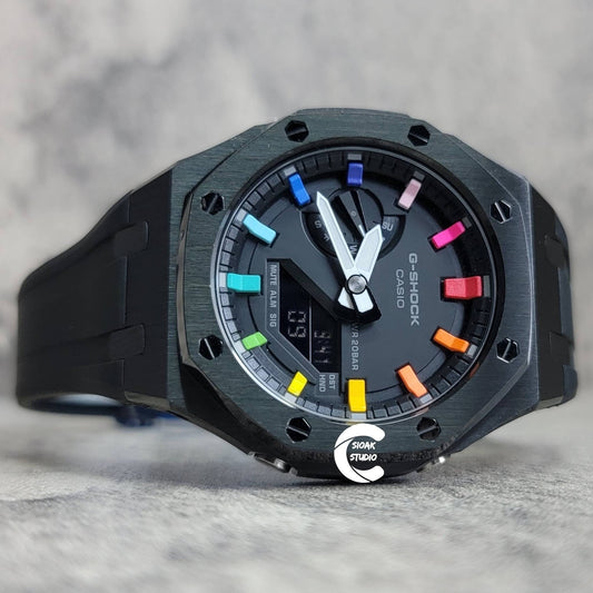 Casioak Mod Watch Black Case Black Rubber Strap Black Rainbow Time Mark Black Dial 44mm - Casioak Studio