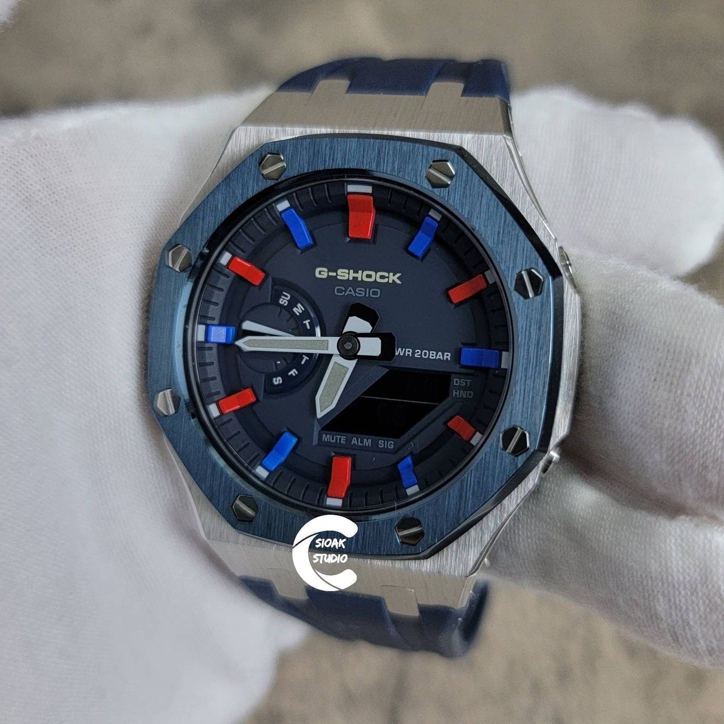 Casioak Mod Watch Blue Silver Case Black Rubber Strap Blue Red Time Mark Blue Dial 44mm - Casioak Studio