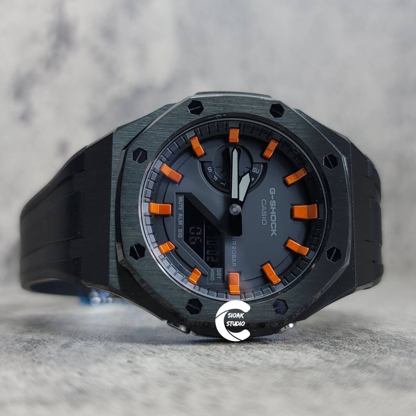 Casioak Mod Watch Black Case Black Rubber Strap Black  Orange Time Mark Black Dial 44mm - Casioak Studio