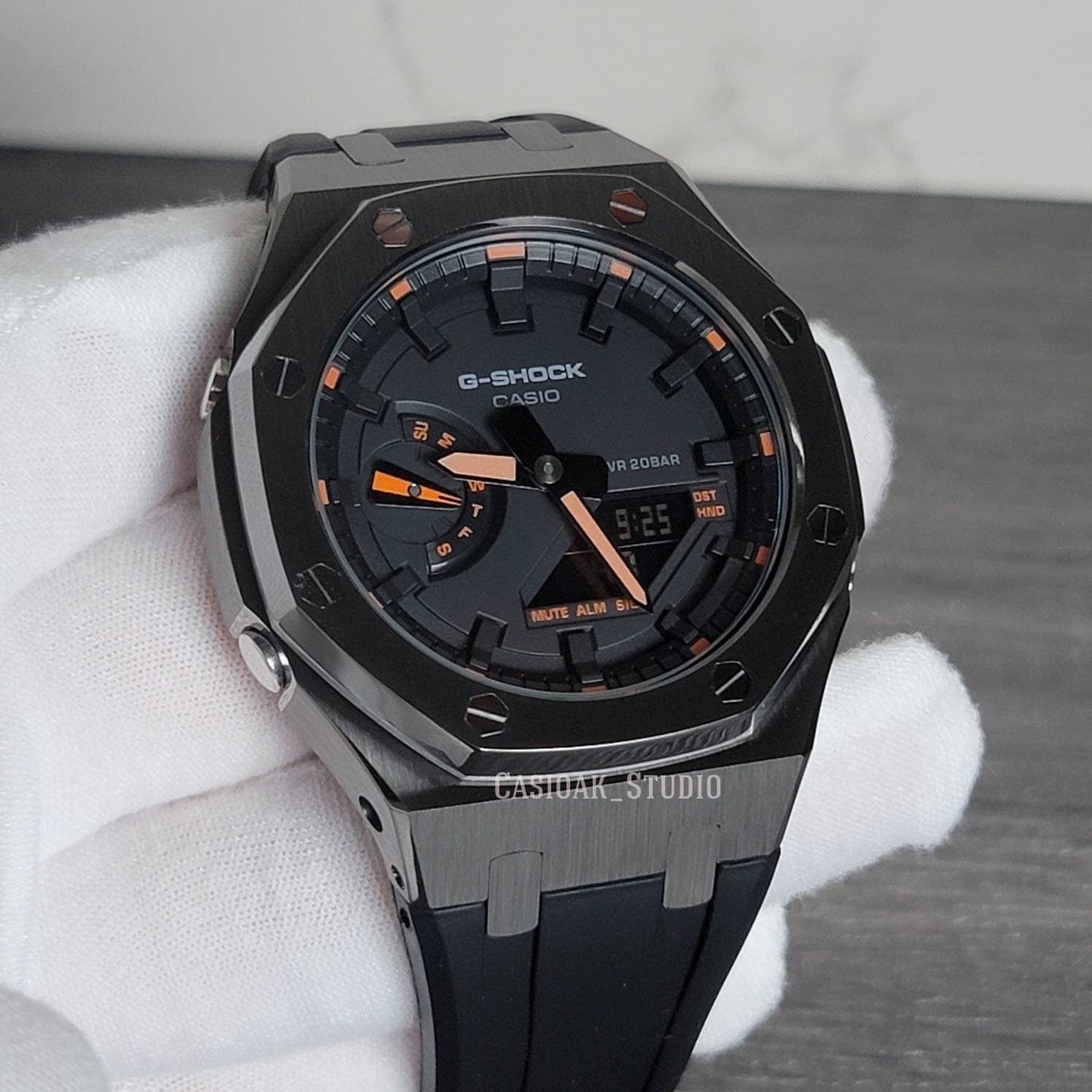 Casioak Mod Watch Gray Case Black Rubber Strap Black Time Mark Black Dial 44mm Orange - Casioak Studio