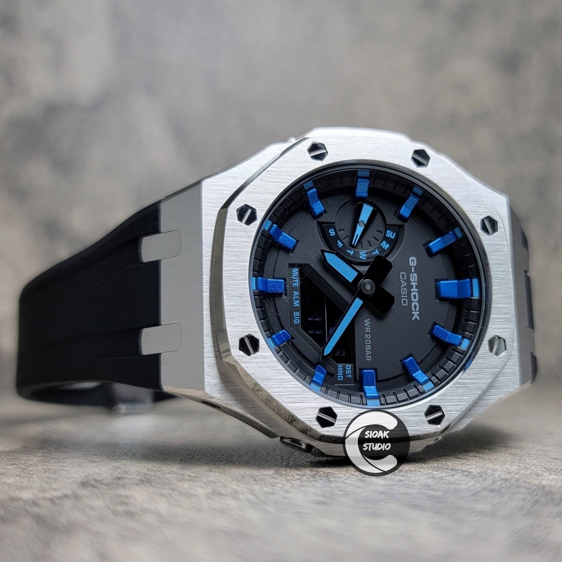 Casioak Mod Watch Silver Case Black Rubber Strap Black Metalkic Blue Time Mark Black Dial 44mm - Casioak Studio